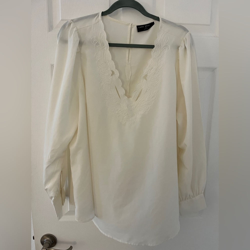 Lane Bryant Cream V-Neck Embroidered Long Sleeve Blouse